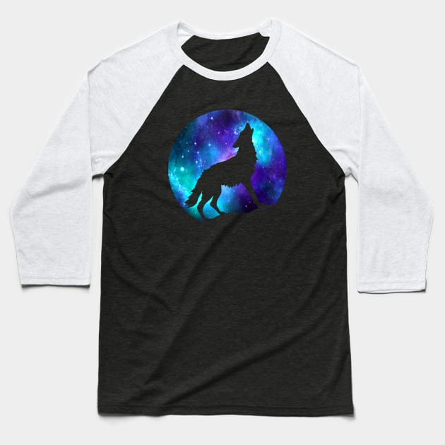 Dramabite Wolf Galaxy Surreal Wild Lone Wolves Double Exposure Stars Moon Baseball T-Shirt by dramabite